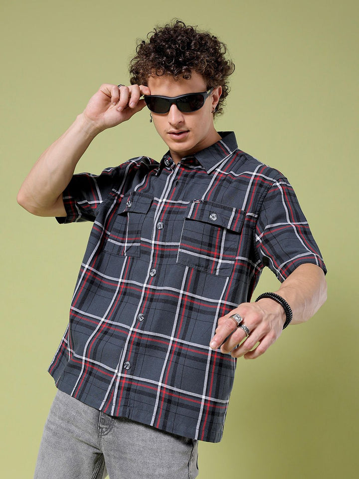 The Indian Garage Co Boxy Windowpane Checks Opaque Twill Cotton Casual Shirt