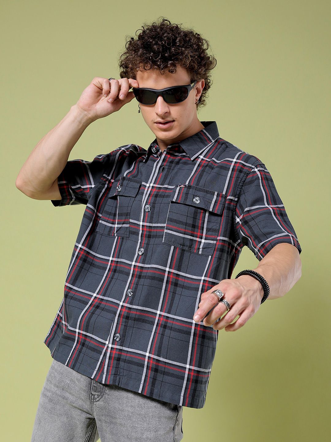 The Indian Garage Co Boxy Windowpane Checks Opaque Twill Cotton Casual Shirt