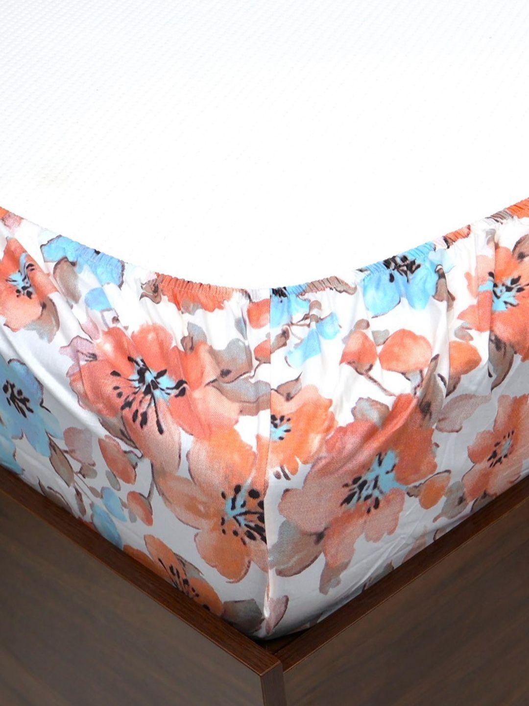 BOMBAY DYEING Allure Orange & White Printed 144 TC Pure Cotton Fitted Queen Bedsheet Set