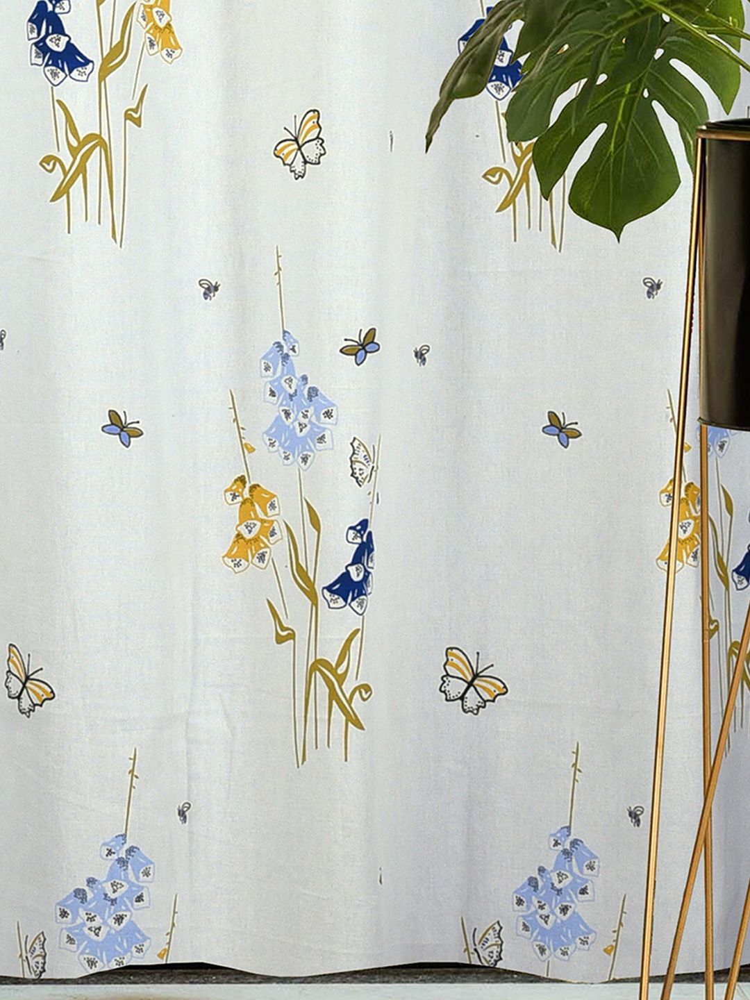 Cortina Blue & White 2 Pieces Floral Printed Cotton Window Curtain