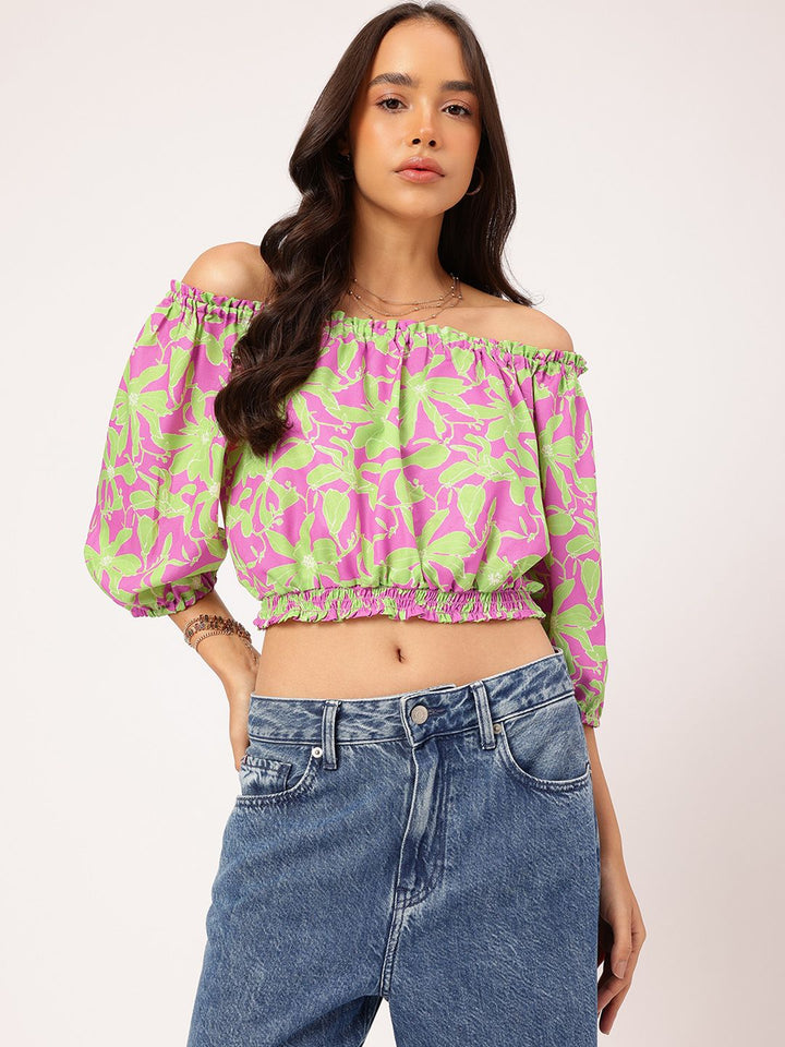 DressBerry Leafy Love Printed Off-Shoulder Blouson Crop Top