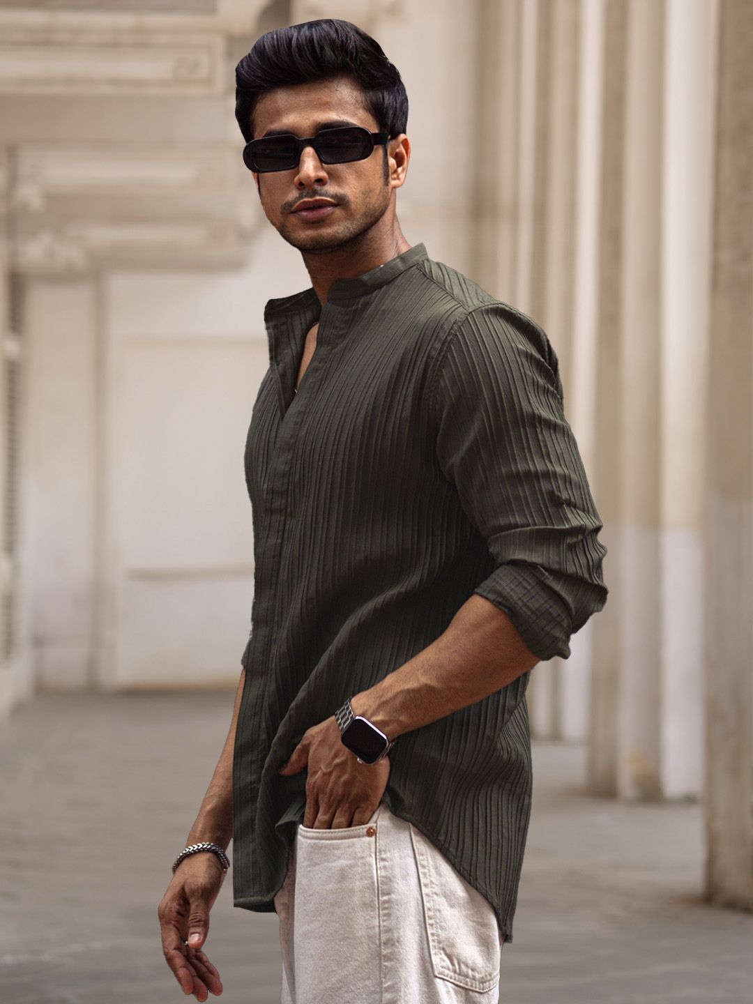 Powerlook India Slim Mandarin Collar Long Sleeves Regular Fit Casual Shirt