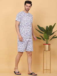 Sweet Dreams White & Purple Abstract Printed Round Neck Night suit