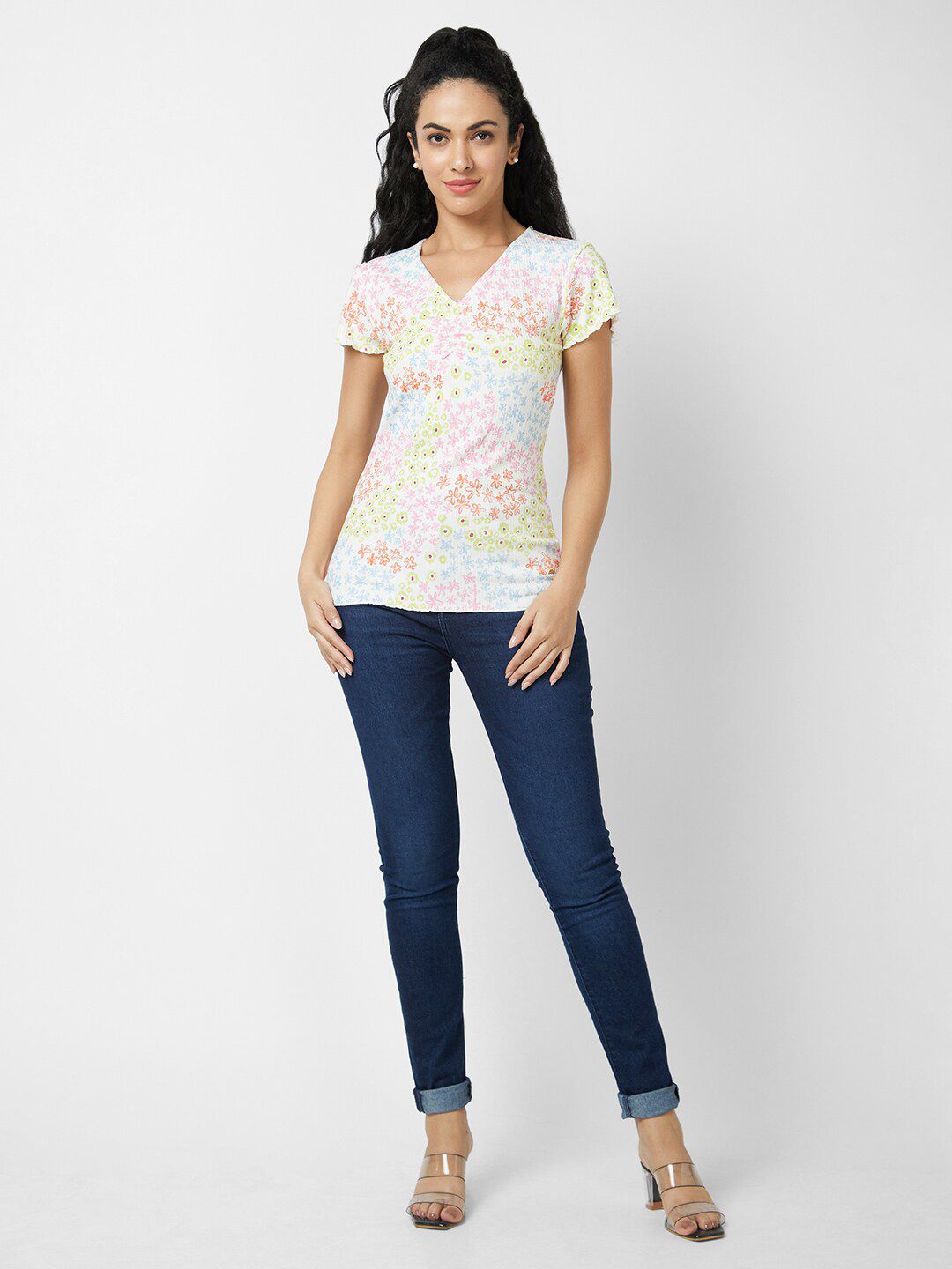 SPYKAR Floral Printed V-Neck Slim Fit T-shirt