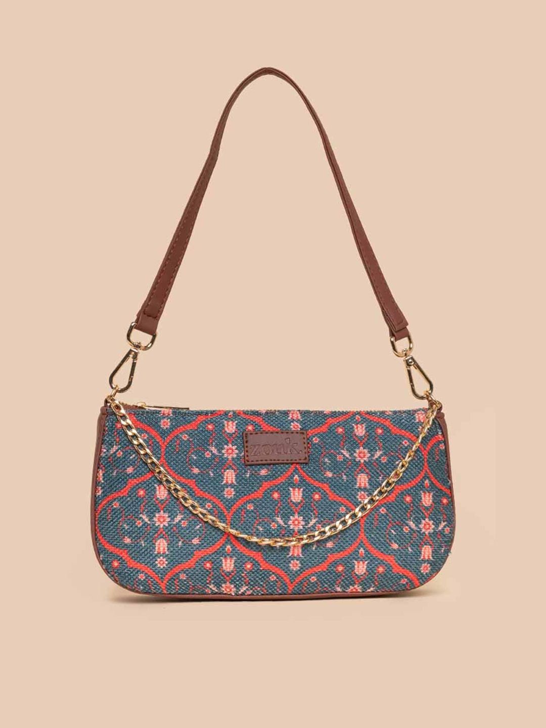 ZOUK Ethnic Motifs Printed Structured Baguette Bag Handbags
