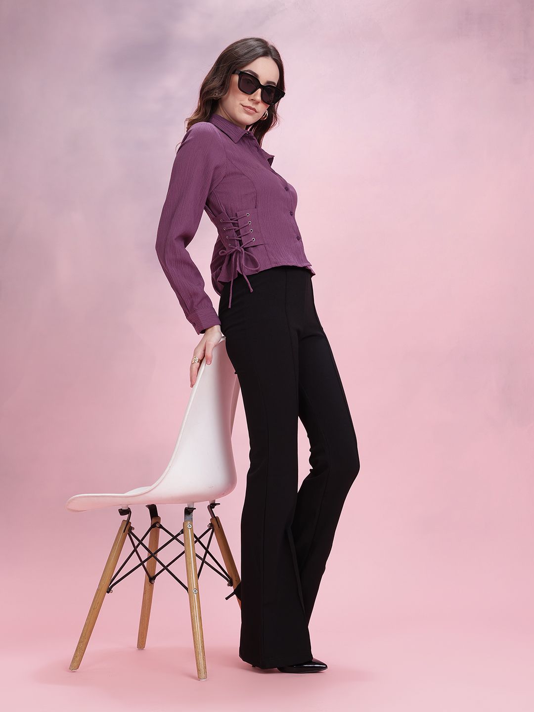 DressBerry Lace-Up Detail Crinkled Casual Shirt