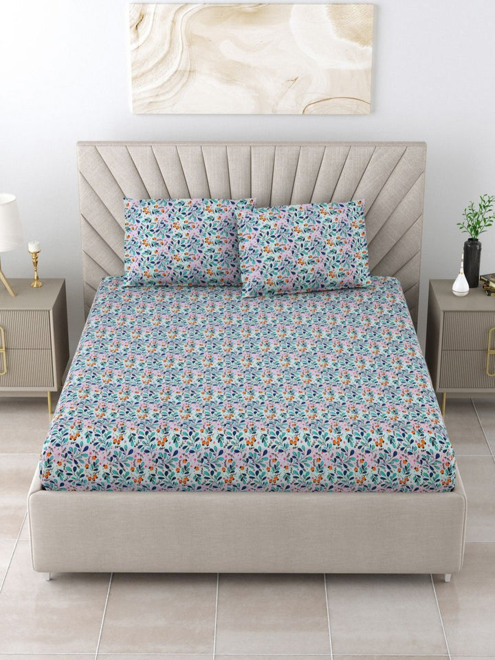 BOMBAY DYEING Dream Lover Blue Floral Printed Cotton 104TC Queen Bedsheet Set 2.54 x 2.24m