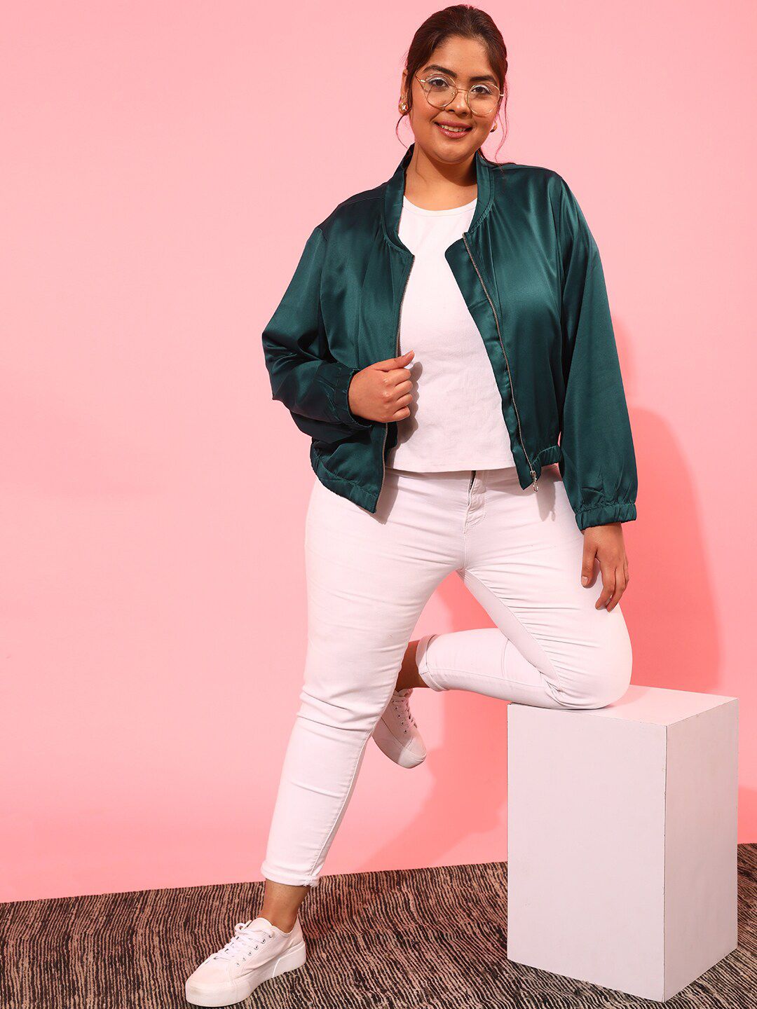 CURVY STREET Plus Size Mock Collar Bomber Jacket