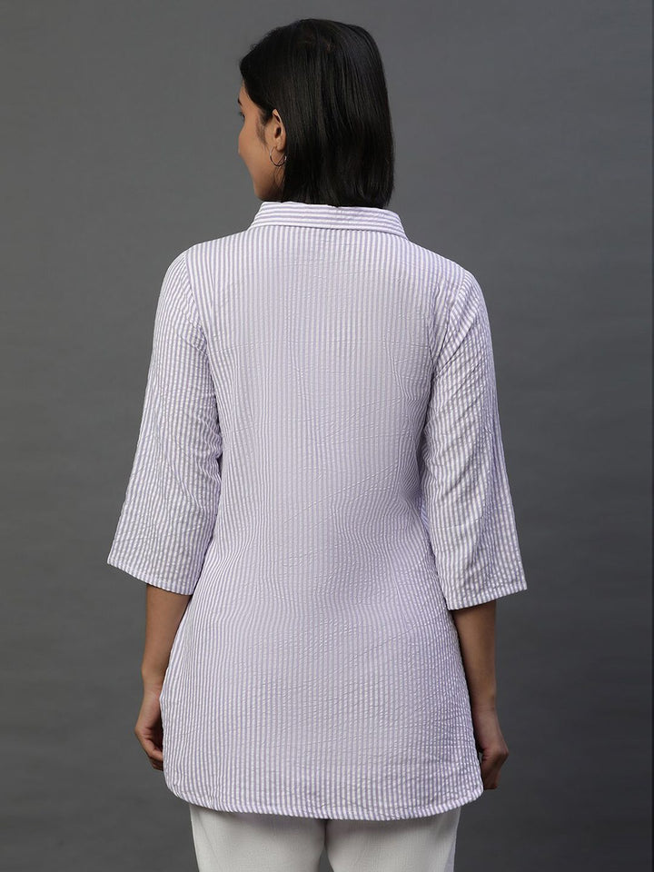 AURELIA Striped Shirt Collar Pure Cotton Kurti
