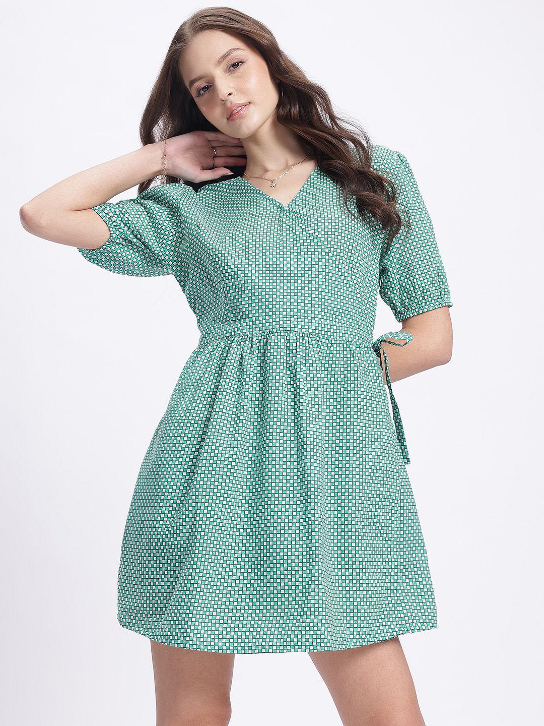 DressBerry Checked Chic Puff Sleeve Wrap Dress