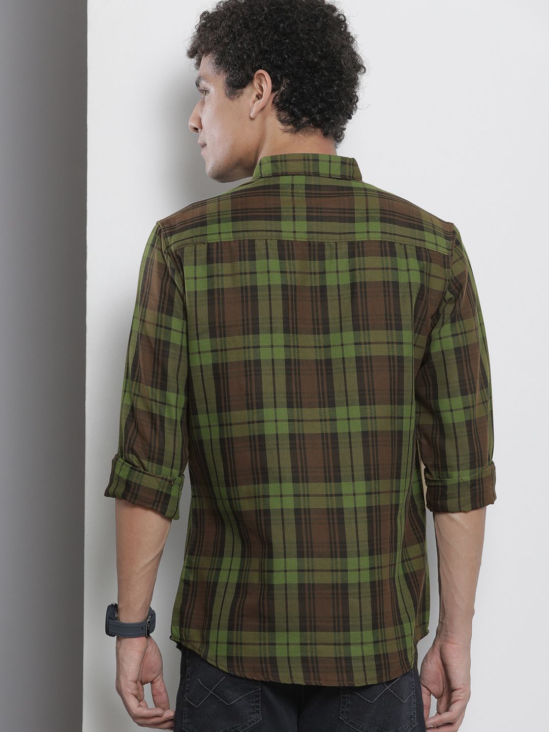 The Indian Garage Co Men Brown & Green Checked Pure Cotton Casual Shirt