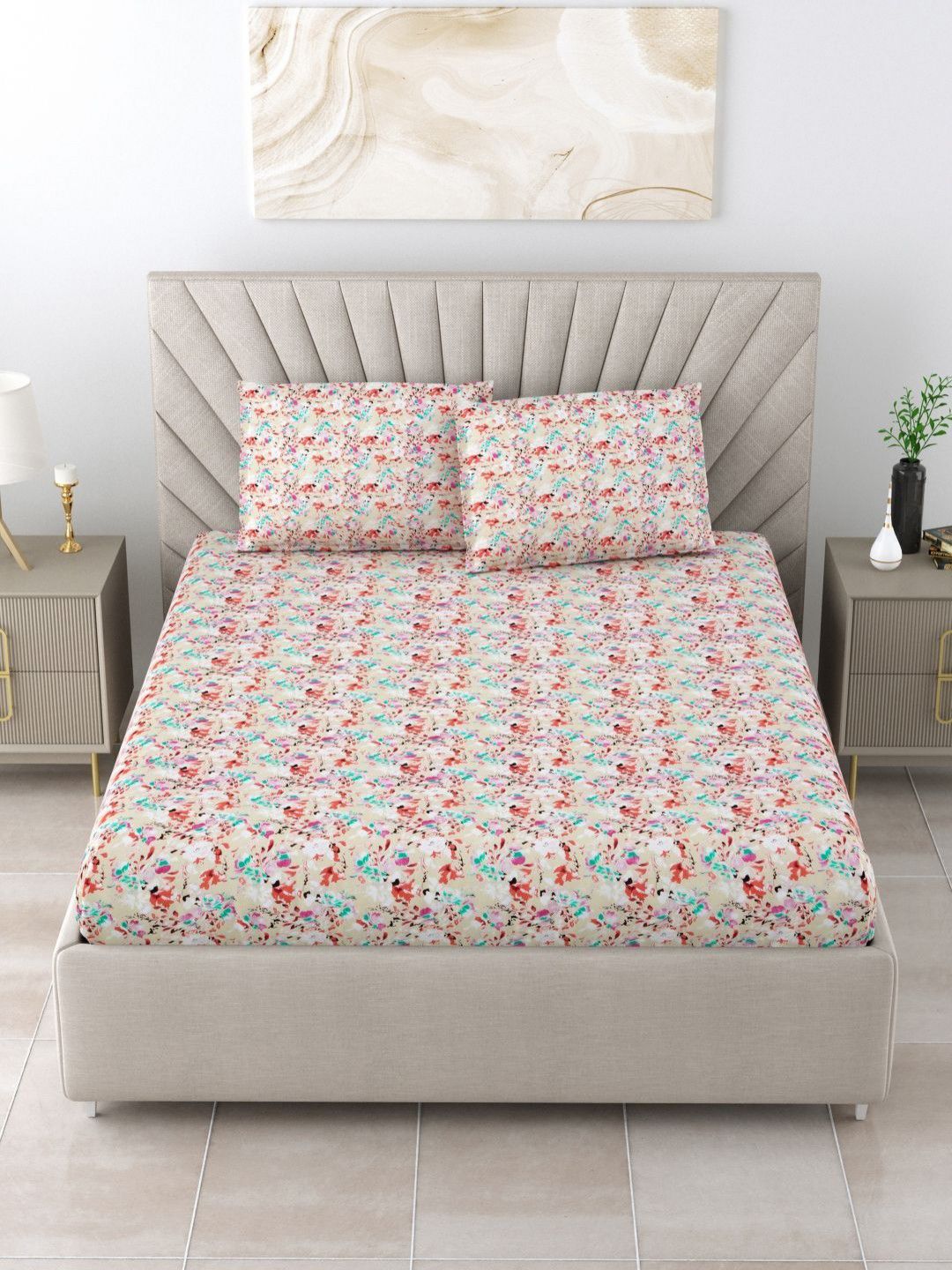 BOMBAY DYEING Dream Lover Brown Floral 104 TC Cotton Queen Bedsheet Set-2.24 m X 2.54 m