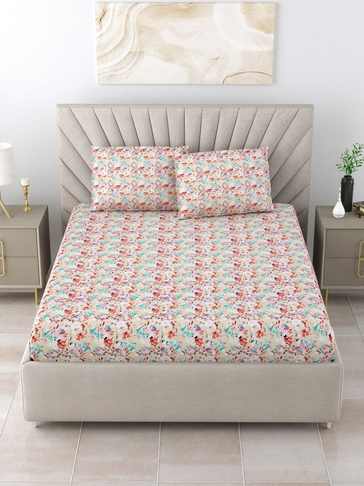 BOMBAY DYEING Dream Lover Brown Floral 104 TC Cotton Queen Bedsheet Set-2.24 m X 2.54 m