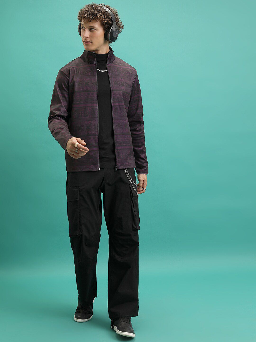 HIGHLANDER Regular Fit Geometric Printed Mock Collar Tailored Jacket