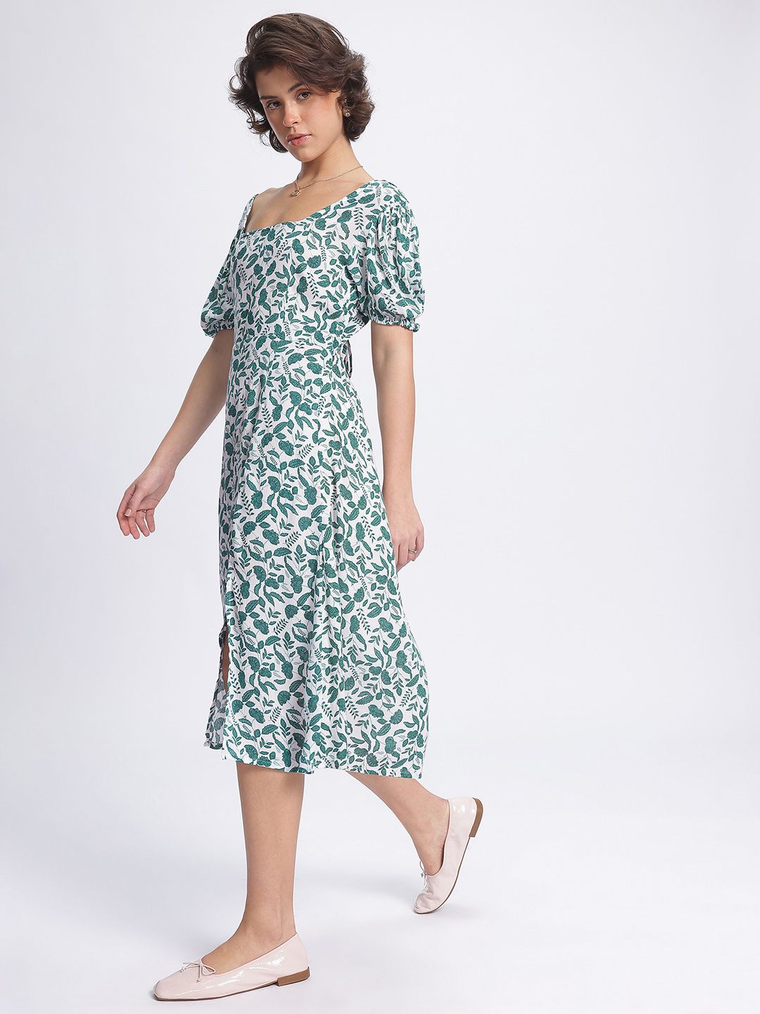 DressBerry Floral Fantasy Cut Out Detail Ruched Front Slit Midi Dress