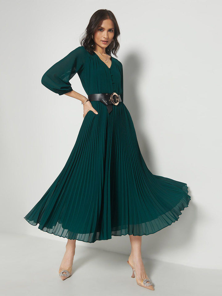 AND V-Neck Puff Sleeves Accordion Pleated Detailed Fit & Flare Midi Dress