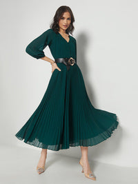 AND V-Neck Puff Sleeves Accordion Pleated Detailed Fit & Flare Midi Dress
