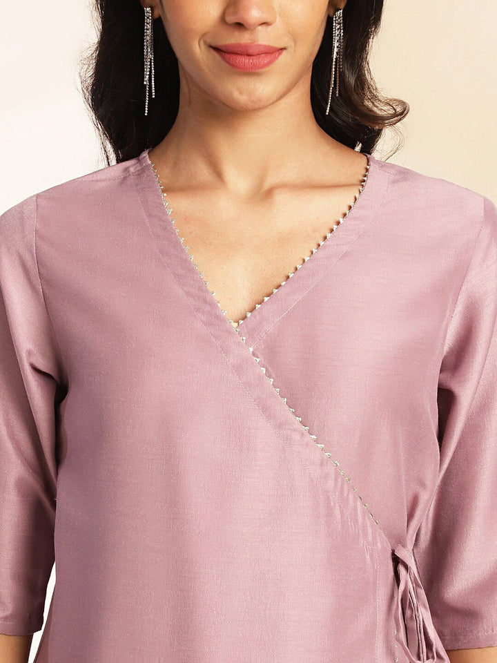 Janasya Women's Lavender Chinnon Solid Wrap Kurta Set