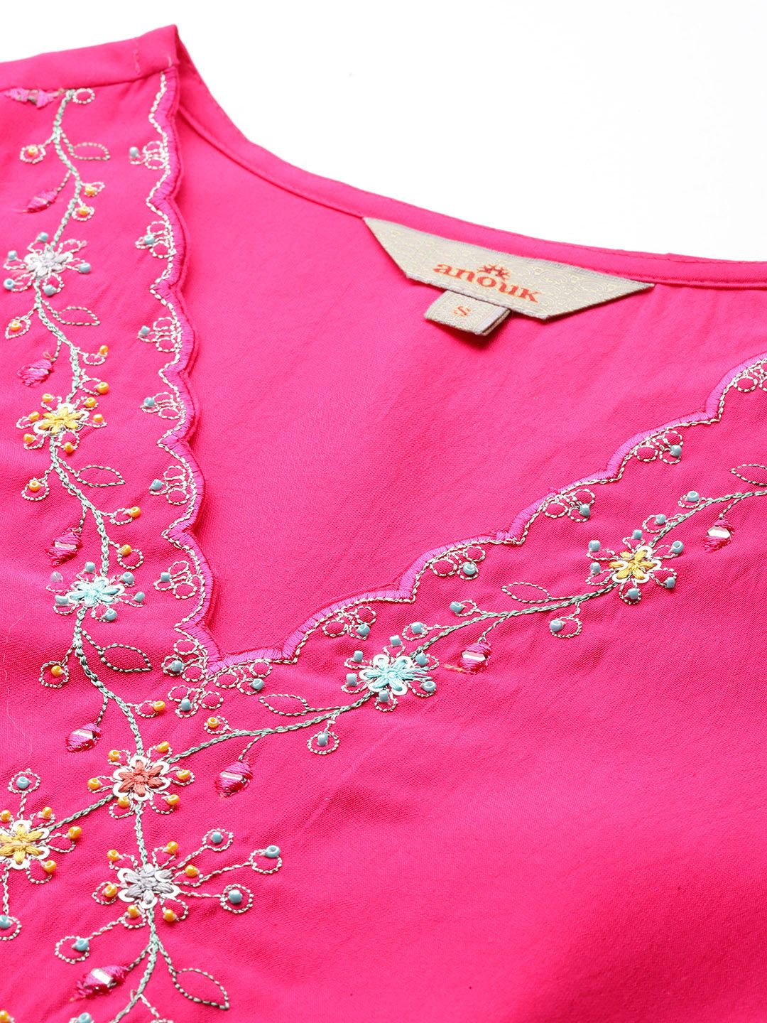 Anouk Floral Embroidered V-Neck Beads & Stones Studded Straight Kurta