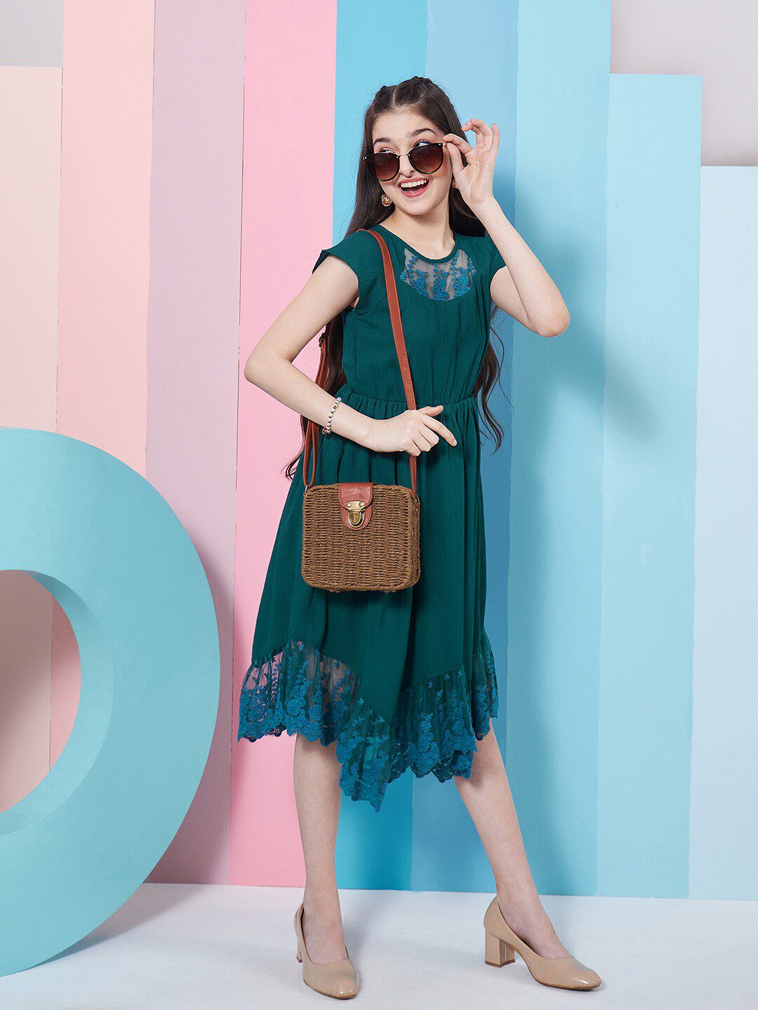 pspeaches Girls Extended Sleeve Lace Inserts Fit & Flare Dress