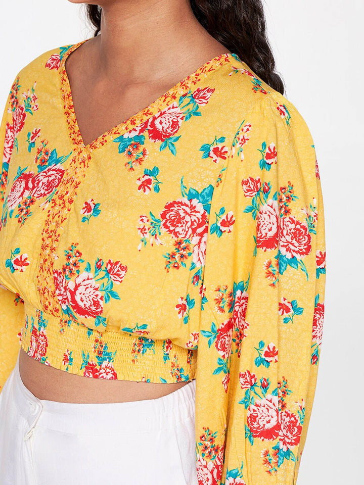 Global Desi Floral Printed Puff Sleeves Crop Blouson Top