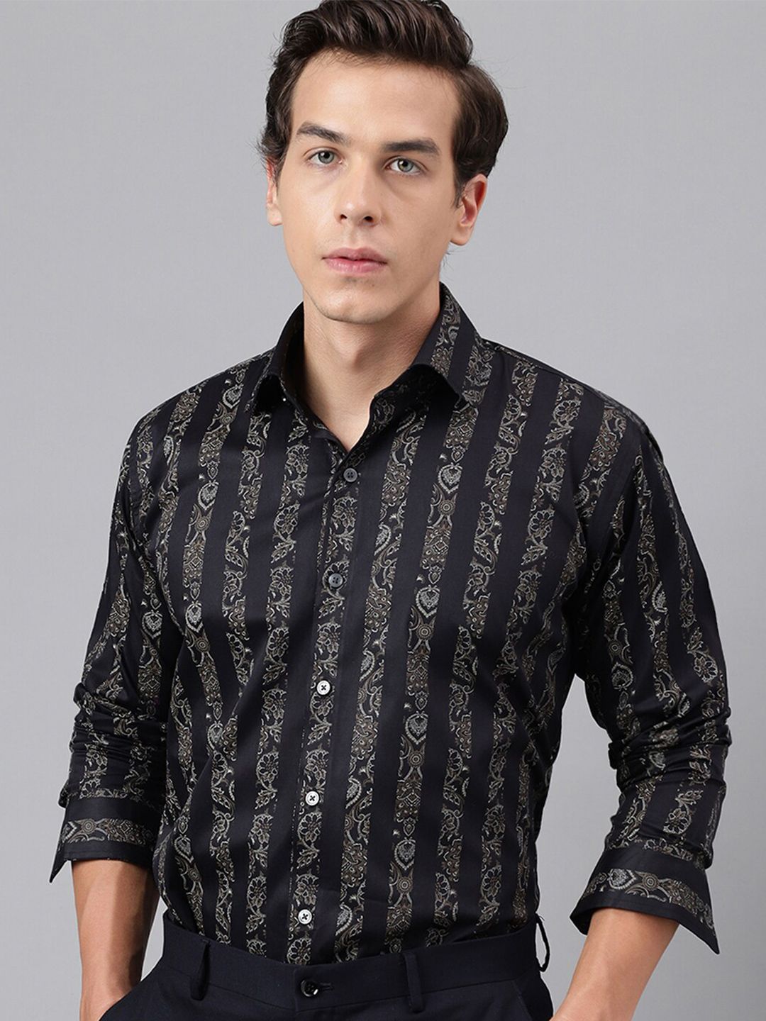 Hancock Pure Cotton Premium Floral Print Striped Satin Slim Fit Party Shirt
