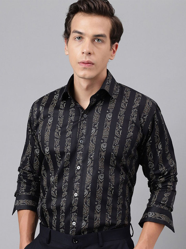 Hancock Pure Cotton Premium Floral Print Striped Satin Slim Fit Party Shirt