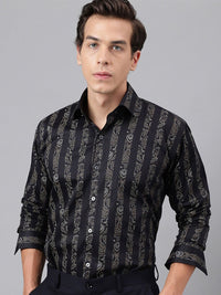 Hancock Pure Cotton Premium Floral Print Striped Satin Slim Fit Party Shirt