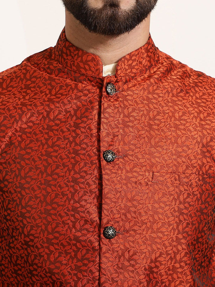 SOJANYA Men Golden & Maroon Kurta with Churidar And Nehru Jacket