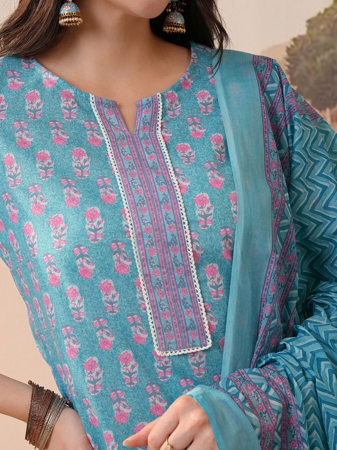 Vishudh Blue Floral Printed Regular Pure Cotton Straight Kurta with Trousers & Dupatta