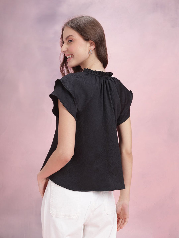 DressBerry Tie-Up Neck Crinkle Ruffled Top