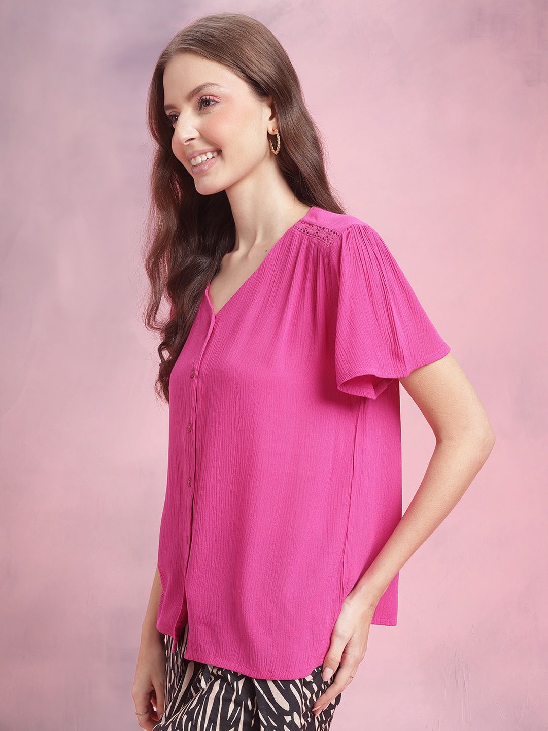 DressBerry Crinkled Cheesecloth Textured Lace Insert Top