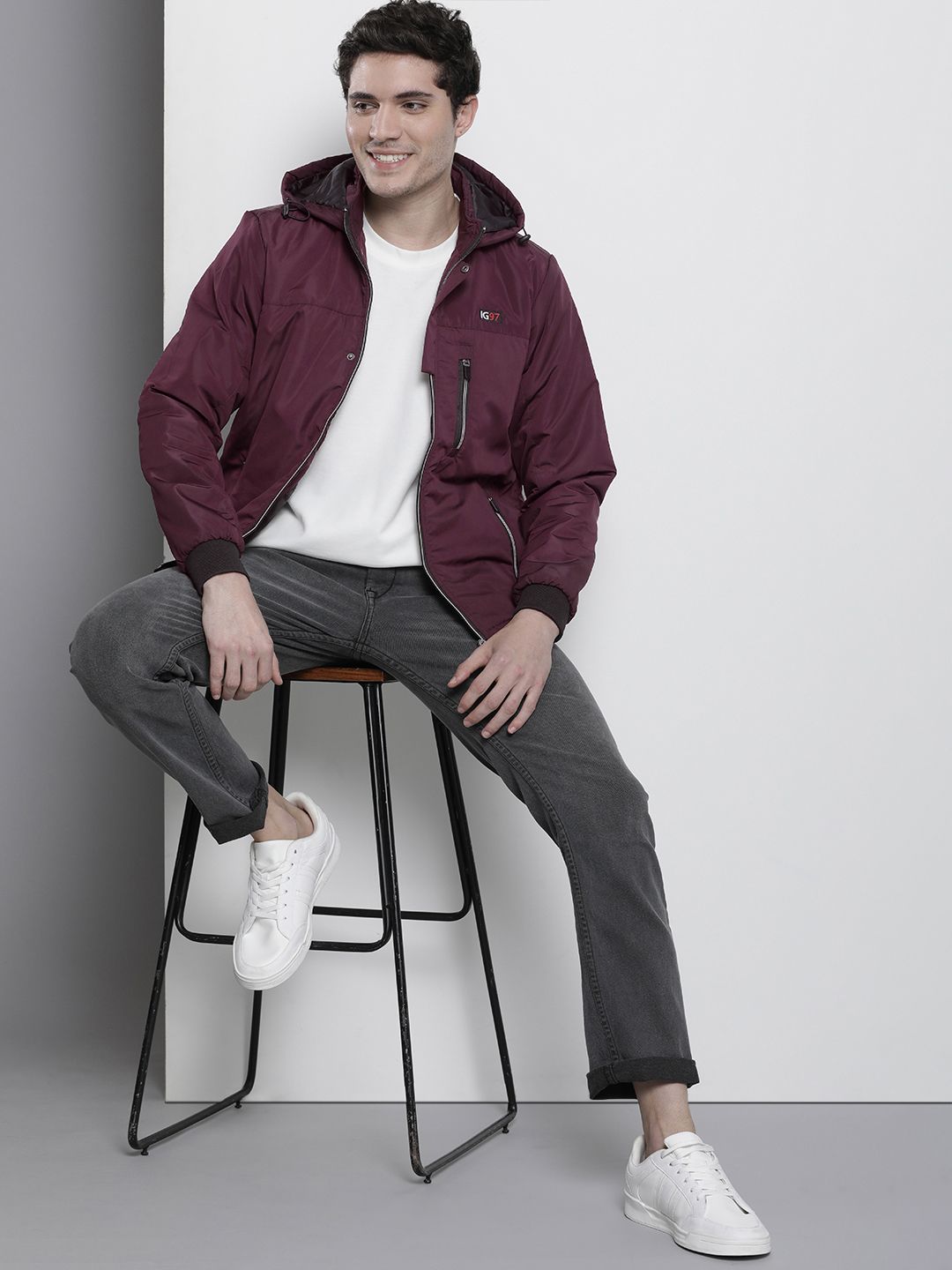 The Indian Garage Co Men Slim Fit Zip-Front Hooded Bomber Jacket