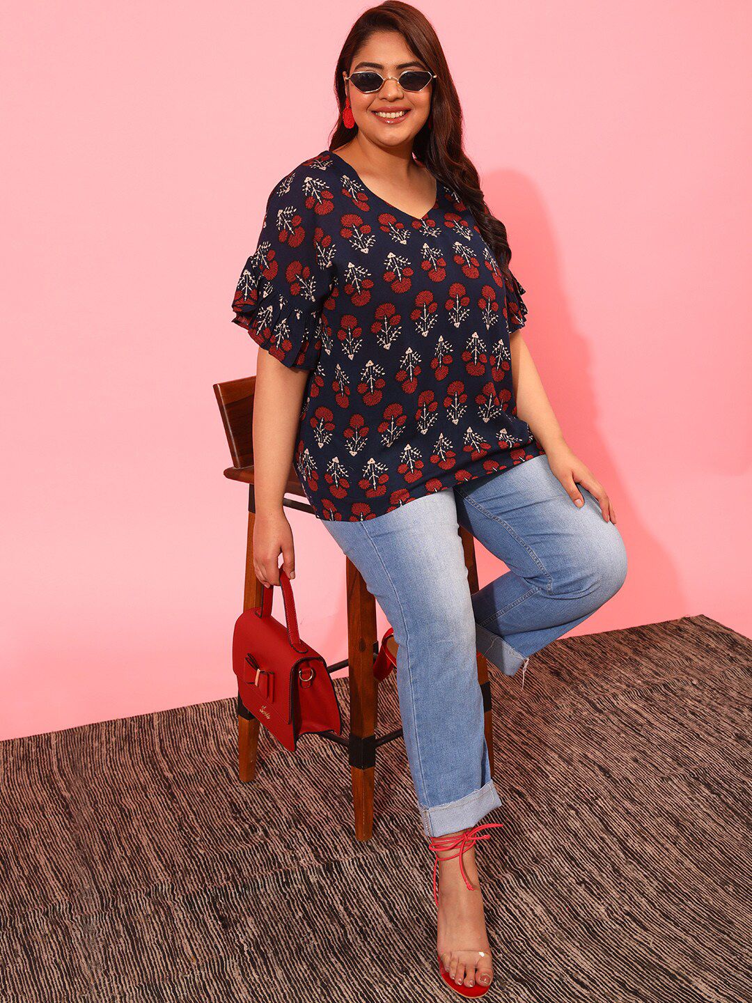 CURVY STREET Plus Size Floral Print V-Neck Top
