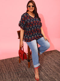 CURVY STREET Plus Size Floral Print V-Neck Top
