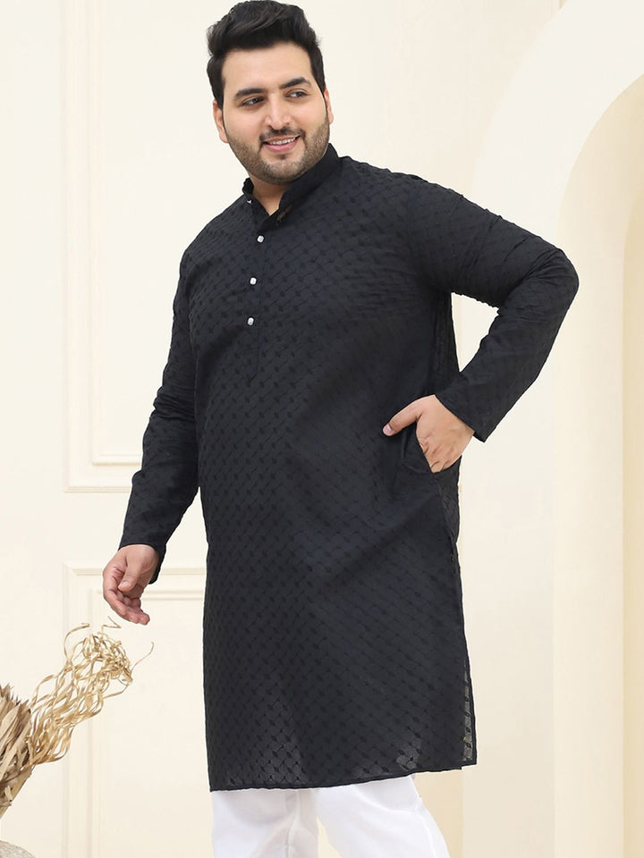 SOJANYA PLUS Size Lelaki Hitam Sulam Kurta Kapas Tulen