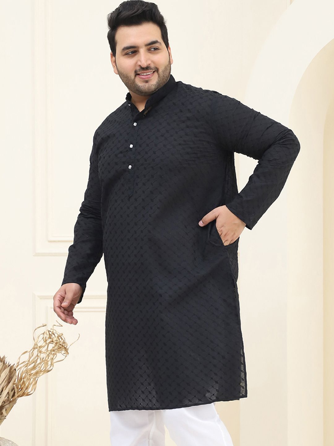 SOJANYA PLUS Size Lelaki Hitam Sulam Kurta Kapas Tulen