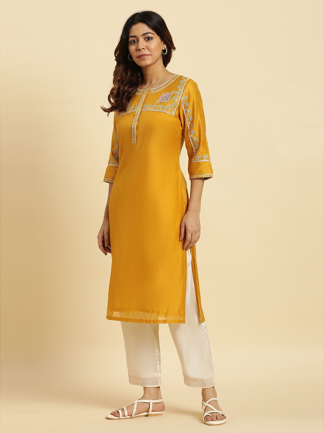 W Yellow Floral Embroidered Thread Work Kurta