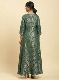 W Green Floral Woven Design Round Neck Gathered Fit & Flare Maxi Ethnic Dress