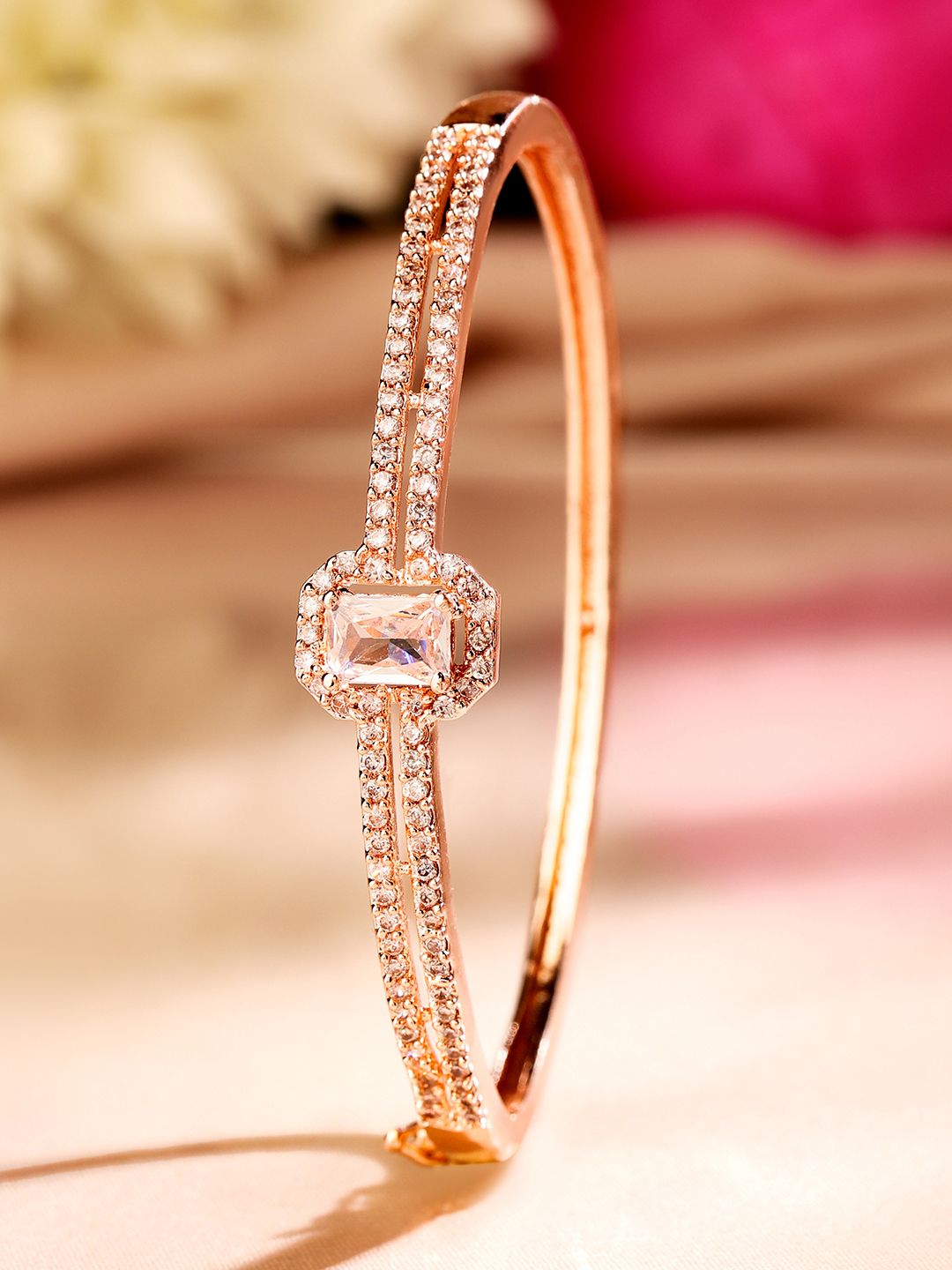 Rubans 18k Rose Gold-Plated Zirconia Zirconia Dual Band Bekas Gelang Terbuka
