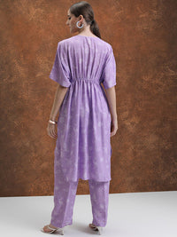 Vishudh Lavender Floral Printed Extended Sleeves Kaftan Tunic With Trousers