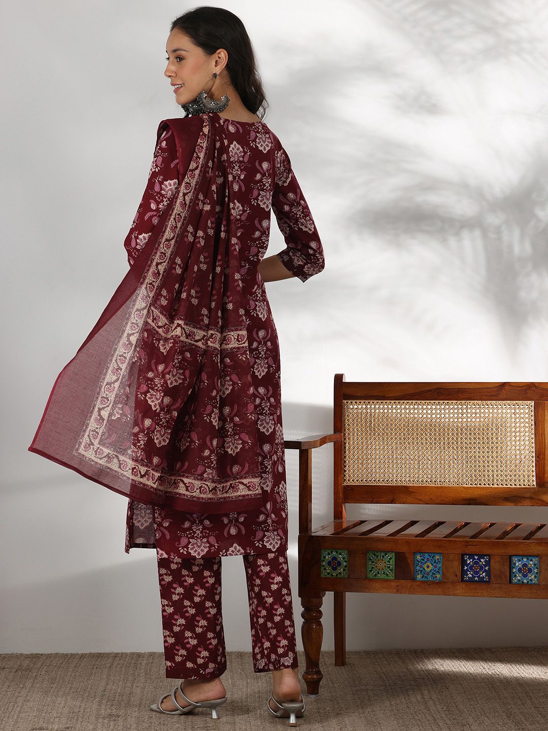 Libas Floral Printed Gotta Patti Pure Cotton Straight Kurta with Trouser & Dupatta