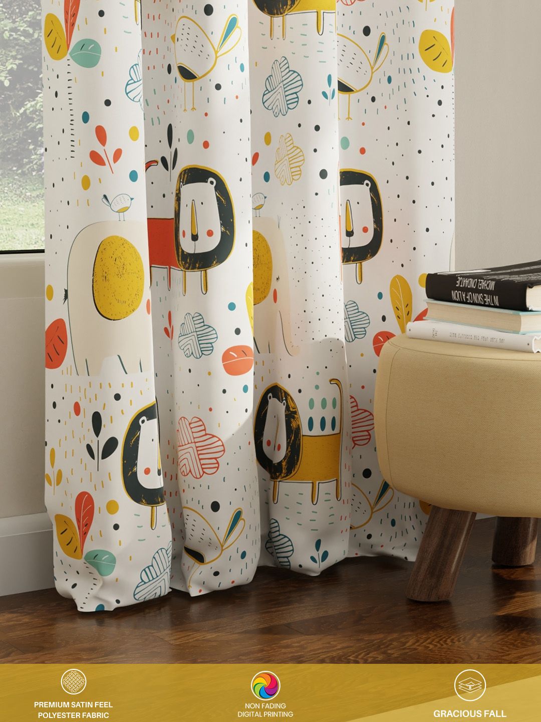 URBAN SPACE White & Yellow Quirky Black Out Window Curtain