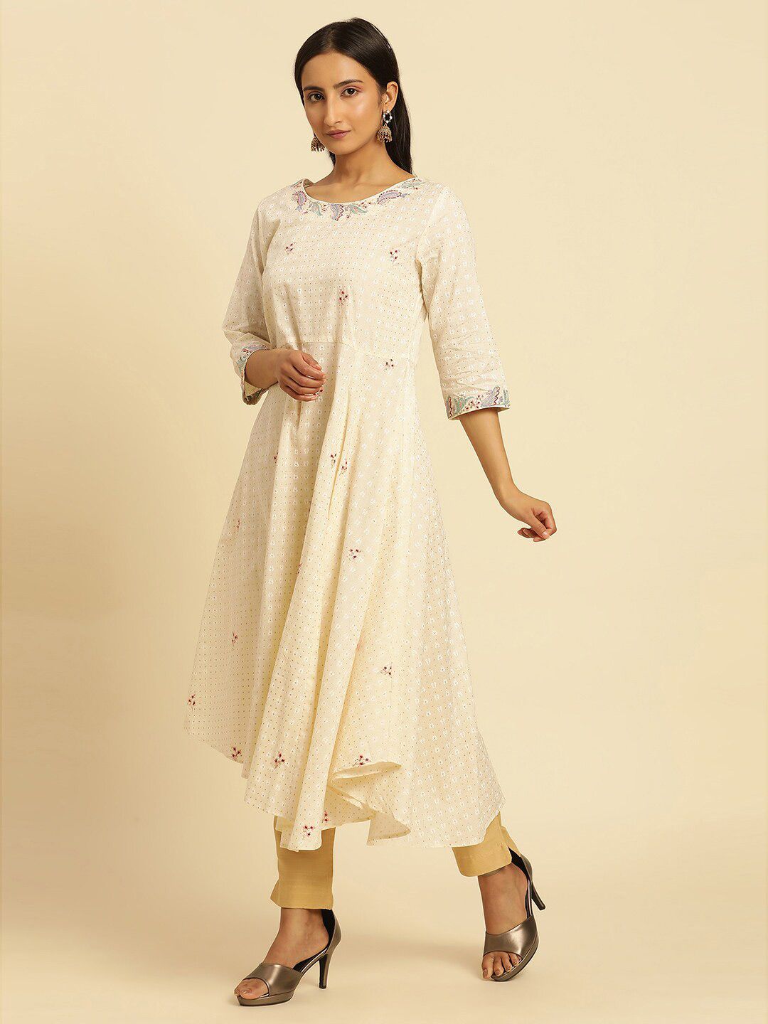 W White Ethnic Motifs Thread Work Boat Neck Cotton Anarkali Kurta