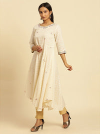 W White Ethnic Motifs Thread Work Boat Neck Cotton Anarkali Kurta