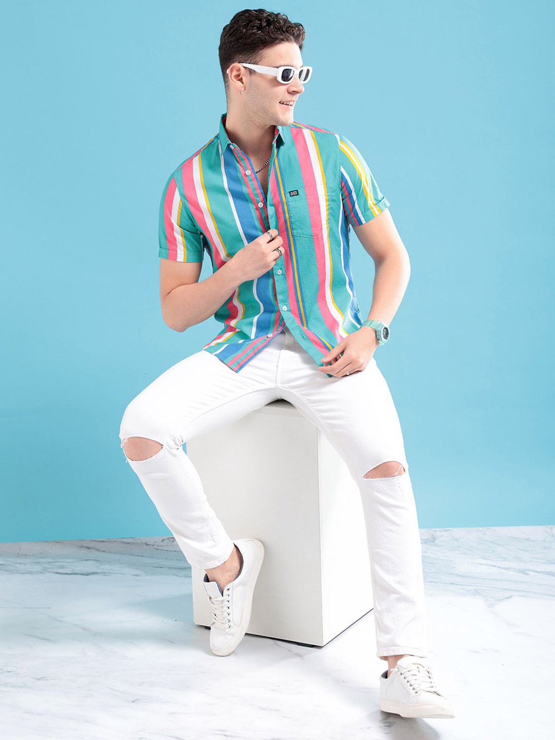 The Indian Garage Co Men Sea Green & Pink Striped Pure Cotton Casual Shirt