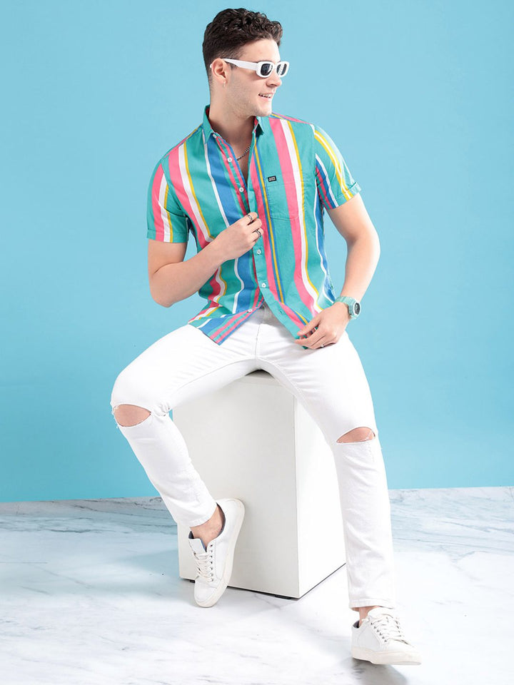 The Indian Garage Co Men Sea Green & Pink Striped Pure Cotton Casual Shirt
