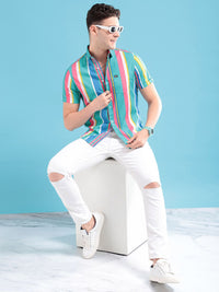 The Indian Garage Co Men Sea Green & Pink Striped Pure Cotton Casual Shirt