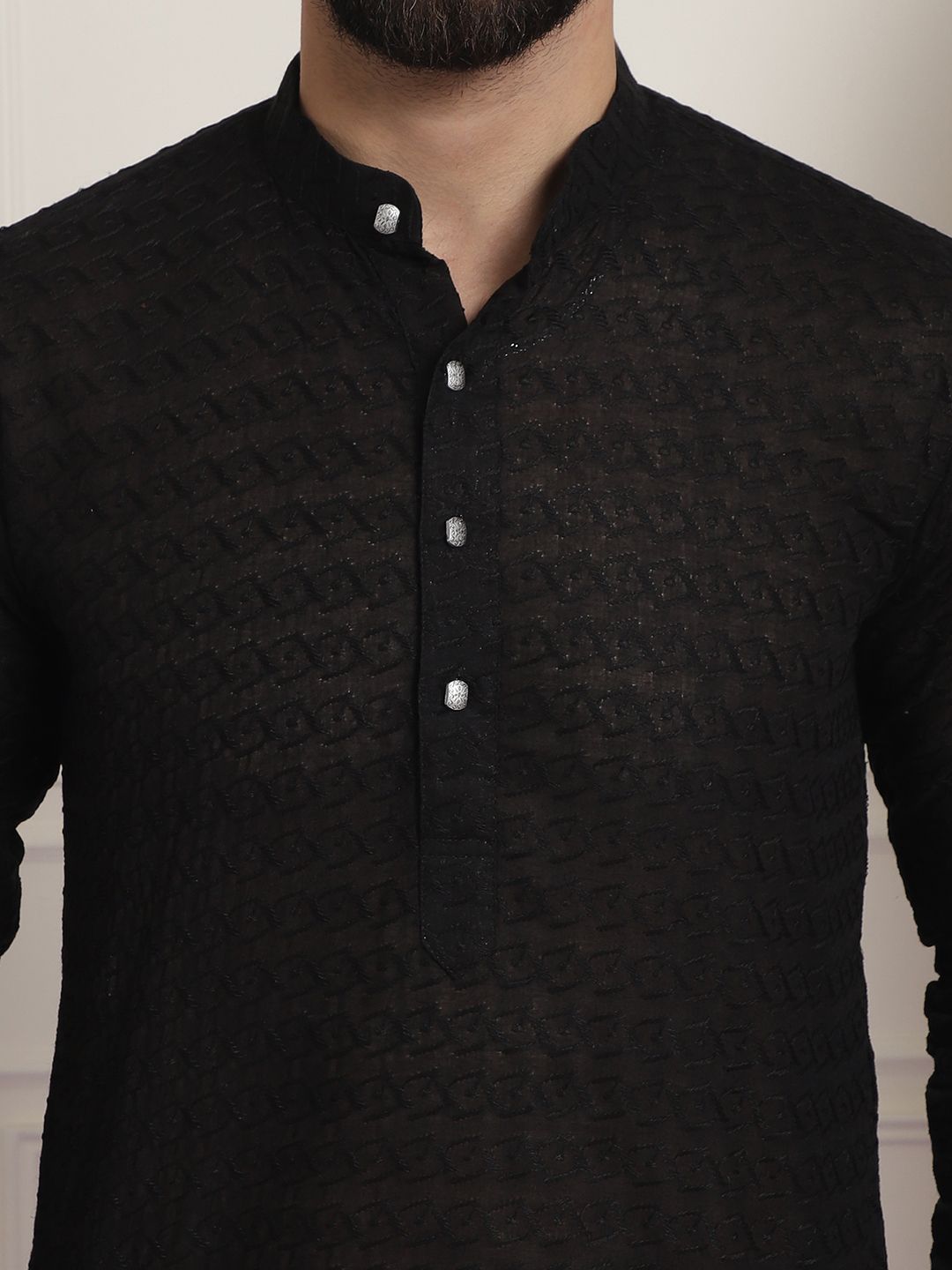 SOJANYA Lelaki Black Chikankari Sulam Kurta Lurus