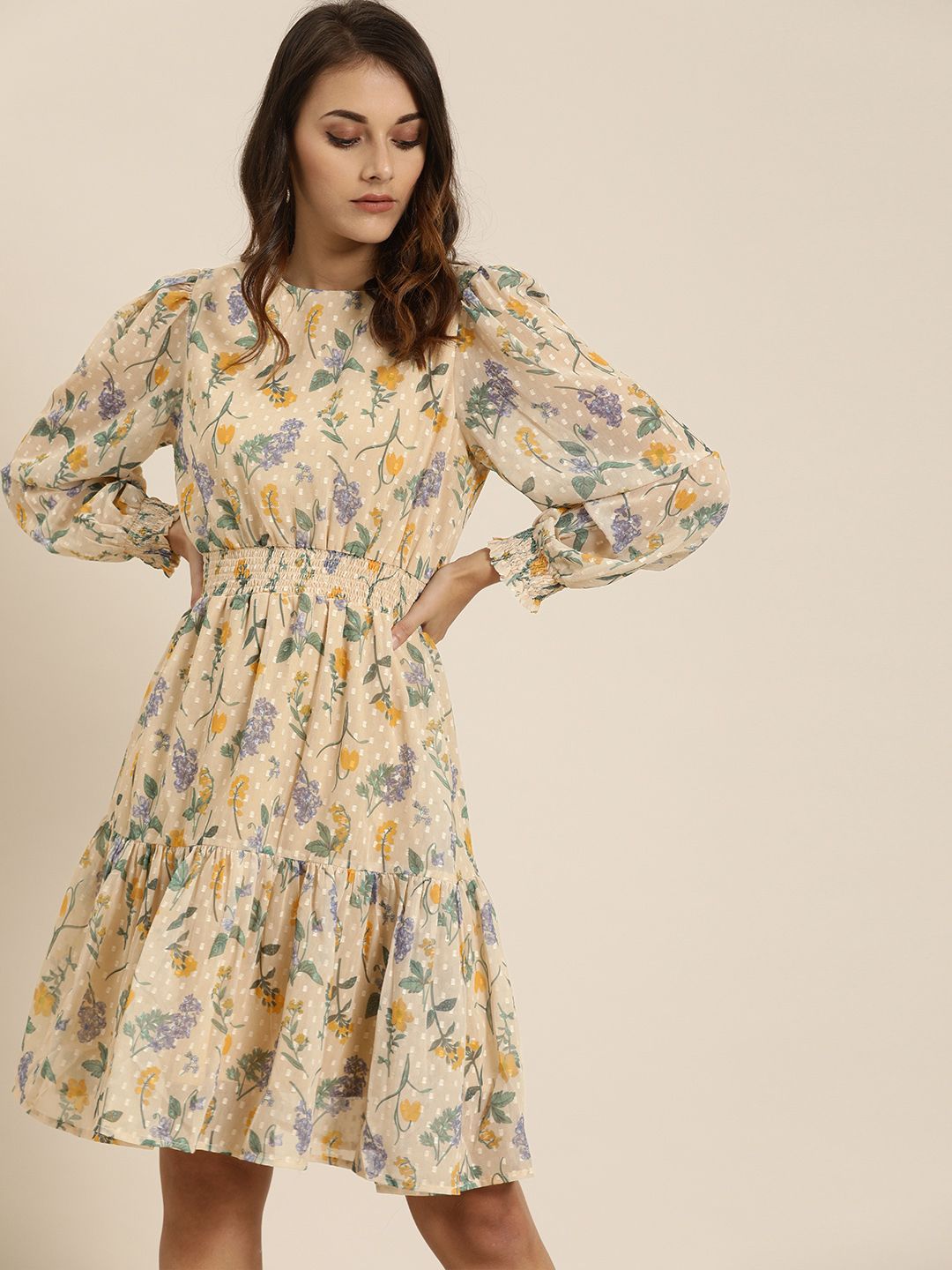 all about you Classy Beige Floral Printed Pure Cotton Waisted Dress
